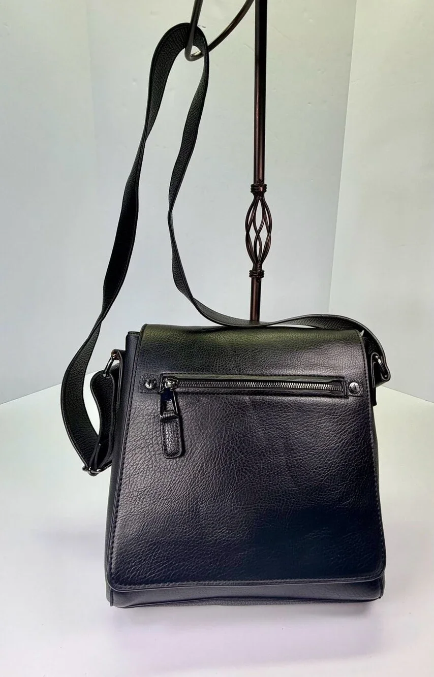 ALDO Men’s Black Pebble Grain Leather Messenger Crossbody Bag with Flap
